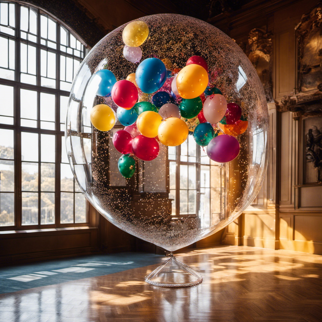 An image showcasing a transparent balloon filled with sparkling confetti, suspended in mid-air against a vibrant backdrop of a sunlit room