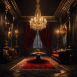 An image showcasing the opulent decor of Carnal Sins in Witcher 3: a dimly lit room adorned with lavish chandeliers, crimson velvet drapes, an intricately carved marble fireplace, and a gilded mirror reflecting the sinful indulgence of this notorious establishment