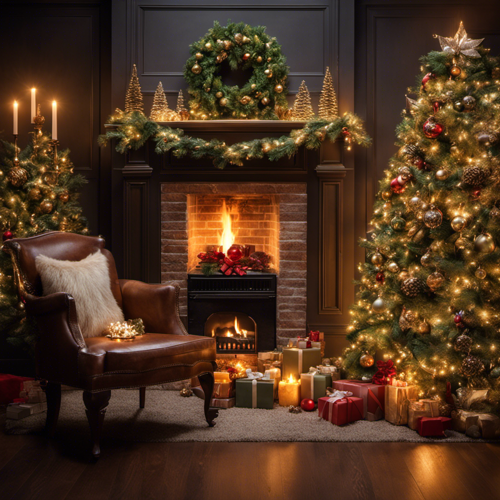 An image showcasing a cozy living room adorned with sparkling lights, a lush green wreath hanging on a wooden door, a beautifully decorated tree with ornaments and ribbons, and a crackling fireplace casting a warm glow