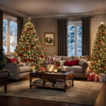 An image showcasing a cozy living room adorned with twinkling string lights, a beautifully decorated Christmas tree with shimmering ornaments, and a festive wreath hanging on the door