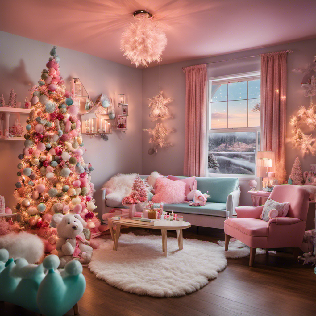 An image showcasing Cindy Lou Who Decor: a whimsical living room adorned with pastel-hued furniture, fairy lights twinkling amid fluffy clouds of cotton candy, and tiny houses with candy cane chimneys