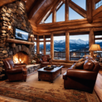  an image that captures the essence of a cozy Colorado mountain house: a rustic stone fireplace crackling with warmth, plush leather armchairs nestled beside a window showcasing snow-capped peaks, and vintage skis adorning the walls