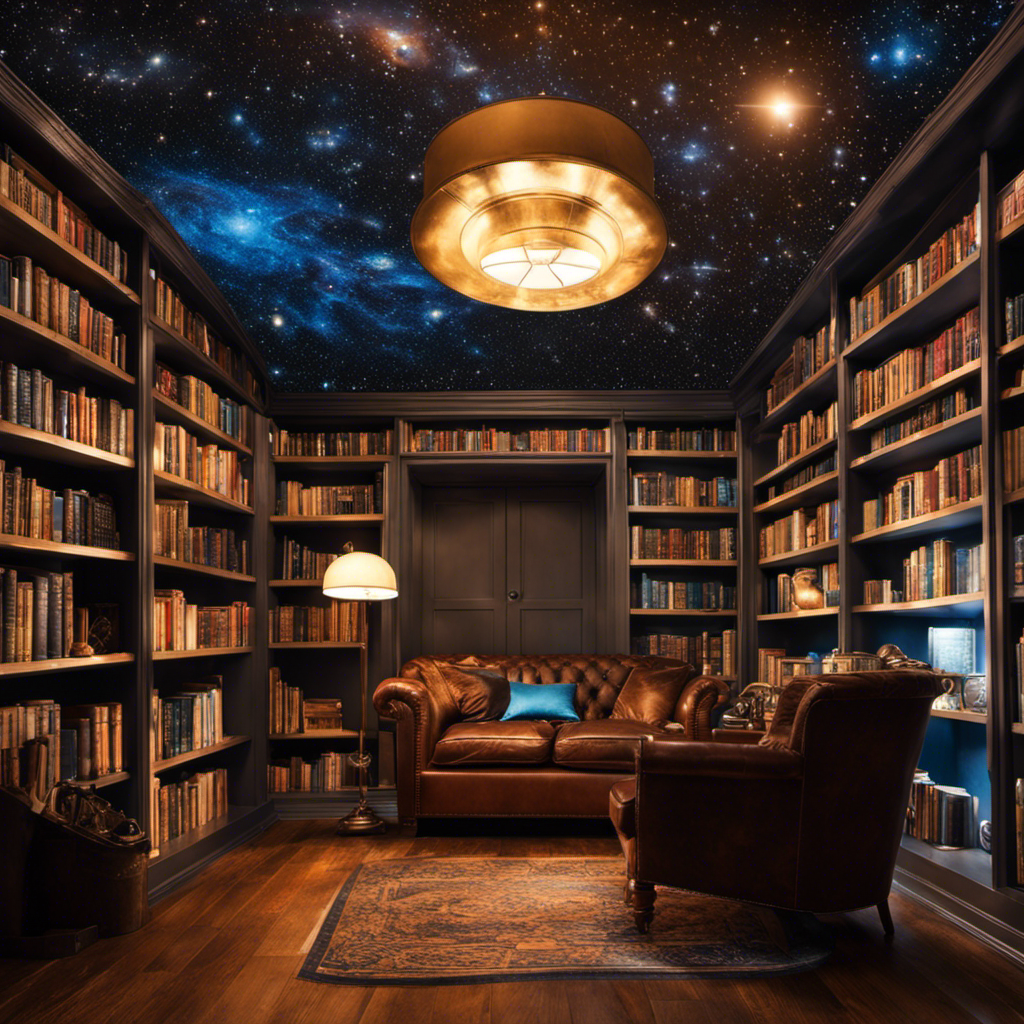 the essence of Doctor Who fandom in a mesmerizing image: a TARDIS-inspired bookshelf adorned with time-travel motifs, surrounded by a celestial wallpaper featuring swirling galaxies and constellations, while a subtle Dalek lamp illuminates the room with a soft glow