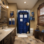 An image showcasing a whimsical Doctor Who-themed bathroom decor: a TARDIS-inspired shower curtain with galaxy print, a hand-painted Dalek soap dispenser, a towel rack resembling the Time Vortex, and a toothbrush holder shaped like the iconic Sonic Screwdriver