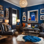 An image showcasing a vibrant living room adorned with a TARDIS-blue accent wall, a gallery of Doctor Who artwork, a plush Dalek throw pillow, and a shelf filled with sonic screwdrivers and TARDIS figurines