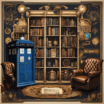 An image featuring a TARDIS-inspired bookshelf, adorned with time-travel themed trinkets, surrounded by vintage Doctor Who posters, and complemented by a cozy armchair draped with a Gallifreyan patterned blanket