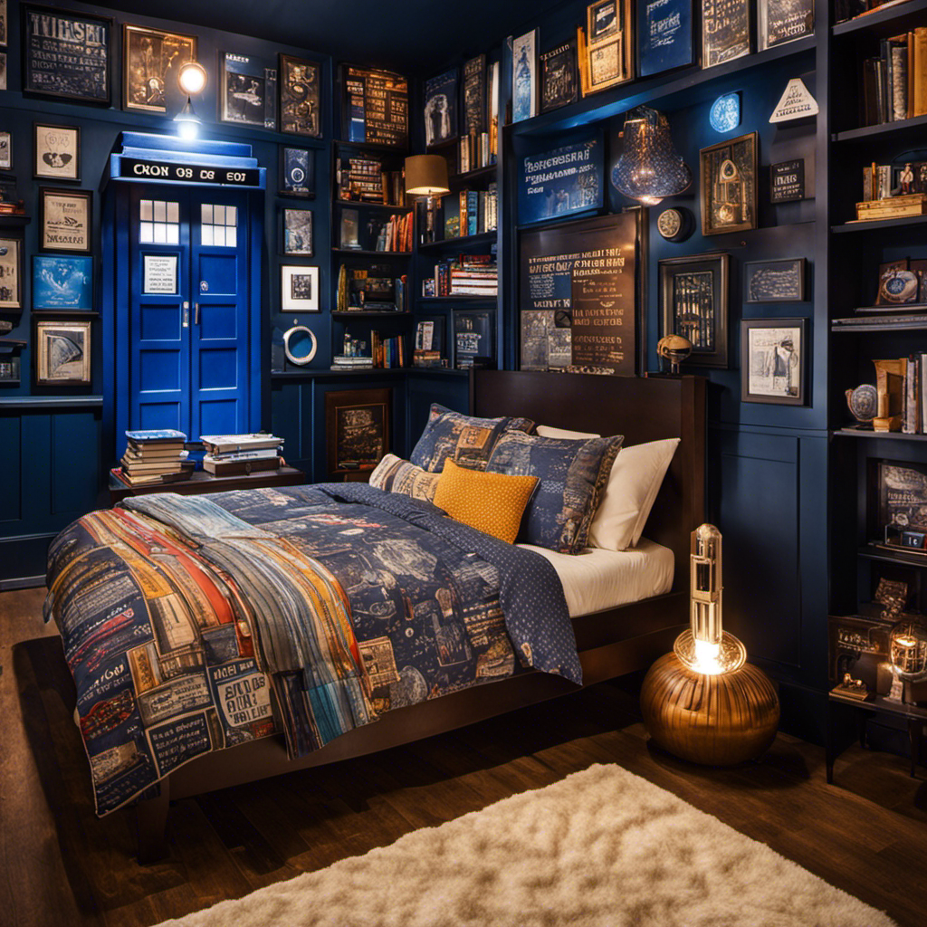 An image of a whimsical Doctor Who-inspired room, adorned with DIY TARDIS bookshelves, a galaxy-printed duvet, a Sonic Screwdriver lamp, and a wall covered in iconic quotes and timey-wimey art
