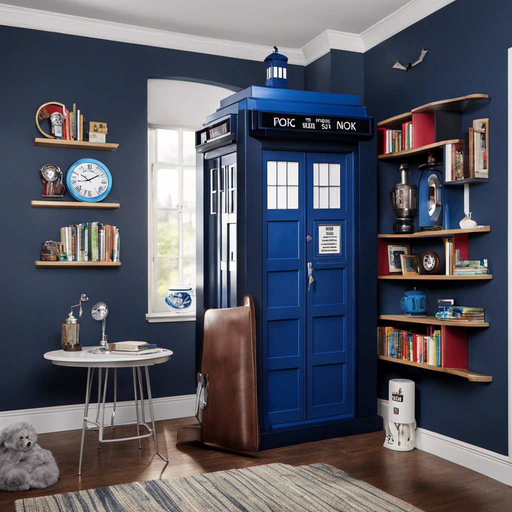 An image showcasing a whimsical Doctor Who-inspired room: a TARDIS bookshelf with a vibrant blue exterior, adorned with a St