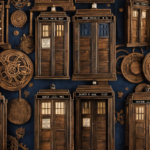 An image showcasing a rustic wooden wall adorned with intricately carved Doctor Who themed decor
