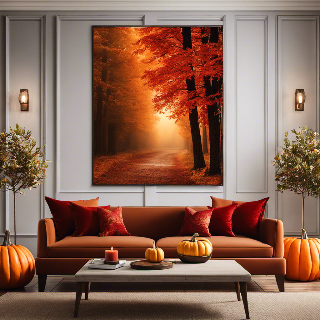 An image showcasing a cozy living room adorned with burnt orange velvet throw pillows, a rustic wooden coffee table adorned with a vase filled with vibrant red maple leaves, and a pumpkin-scented candle flickering on a side table