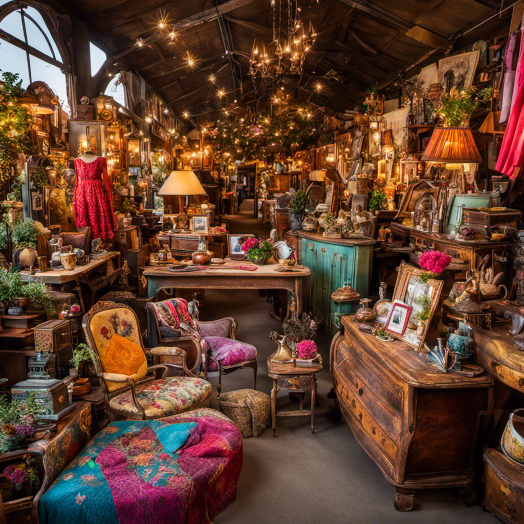 An image showcasing a vibrant flea market, with eclectic stalls bursting with vintage furniture, antique trinkets, and colorful textiles