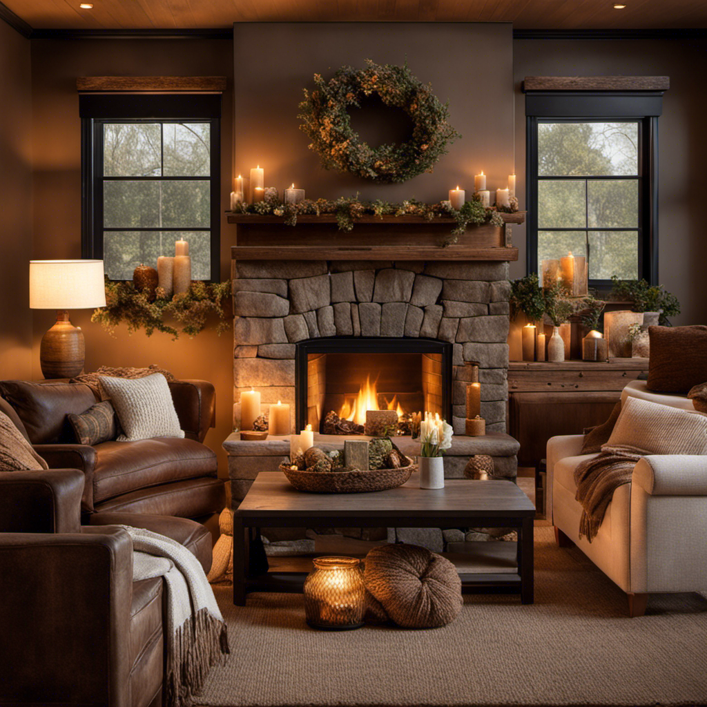 An image capturing a cozy living room adorned with warm, earthy tones