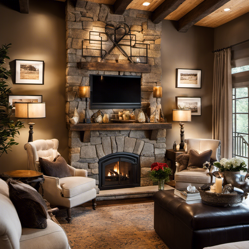 An image showcasing a cozy living room with a warmly lit fireplace, adorned with a collection of heart-shaped decorative wall art