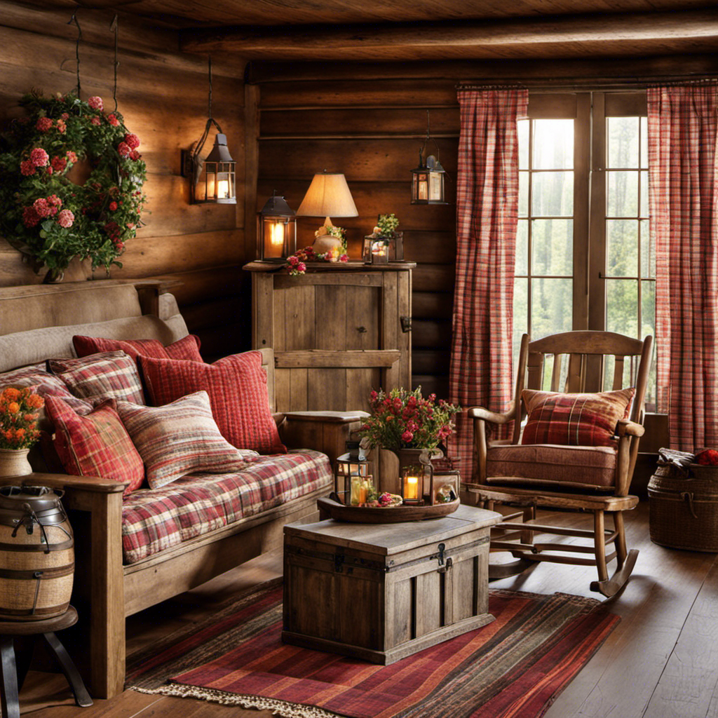 An image showcasing a cozy country living room adorned with rustic wood furniture, plaid-patterned cushions, and vintage-style lanterns
