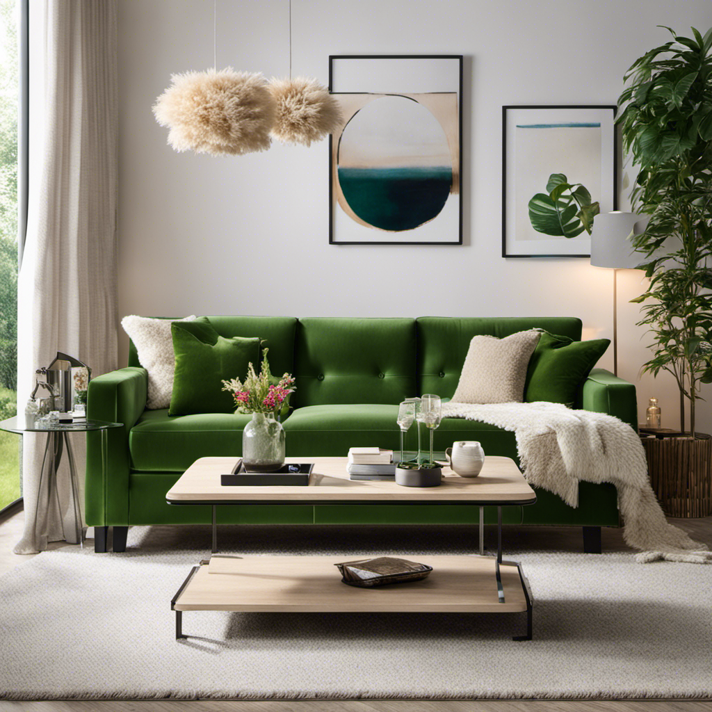 An image showcasing a cozy living room with a plush, beige sectional sofa adorned with vibrant throw pillows, a sleek glass coffee table, a soft shag rug, and lush green plants