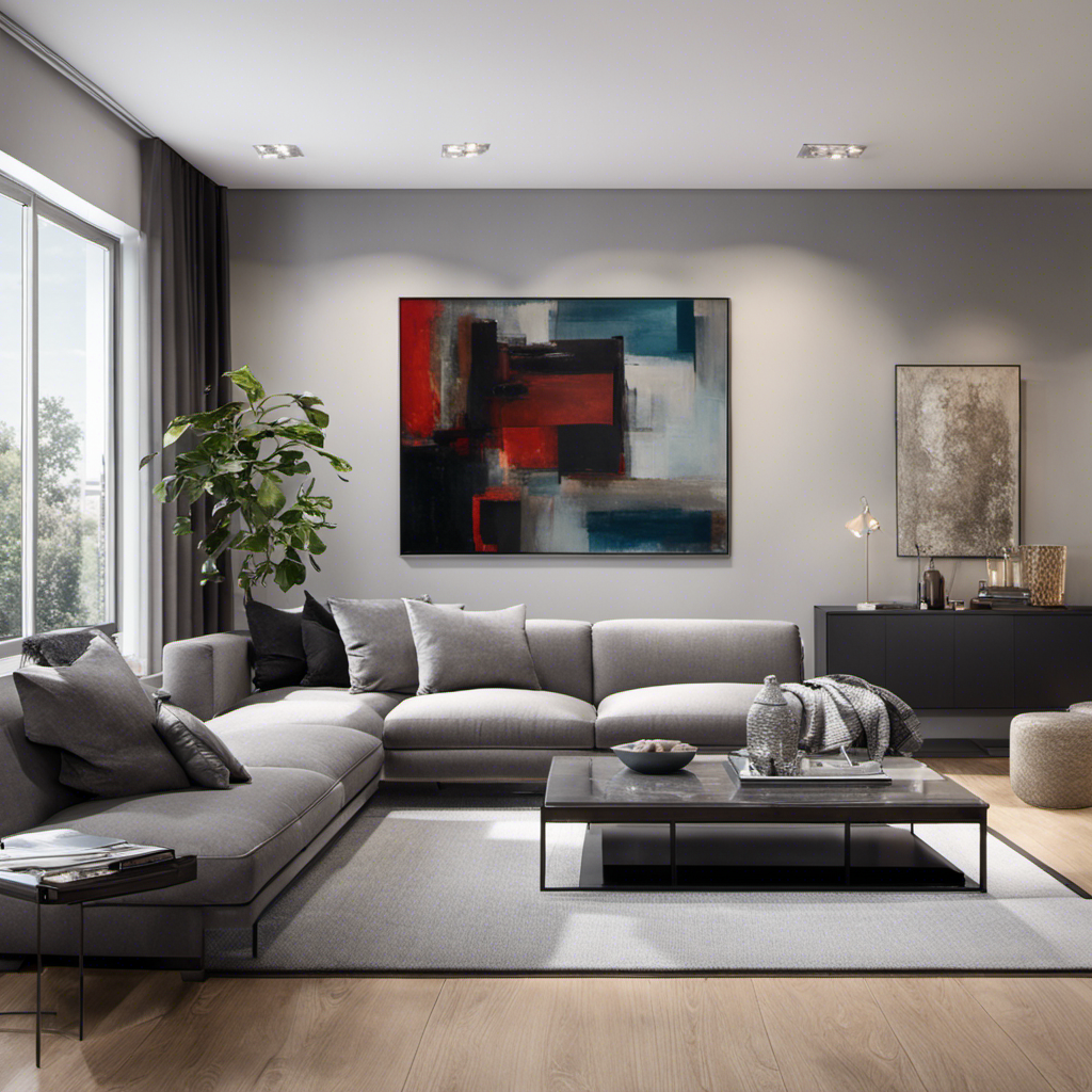 An image featuring a minimalist living room with light hardwood floors, a sleek gray sectional sofa adorned with plush throw pillows, a contemporary coffee table with a glossy finish, and a large abstract artwork on the wall