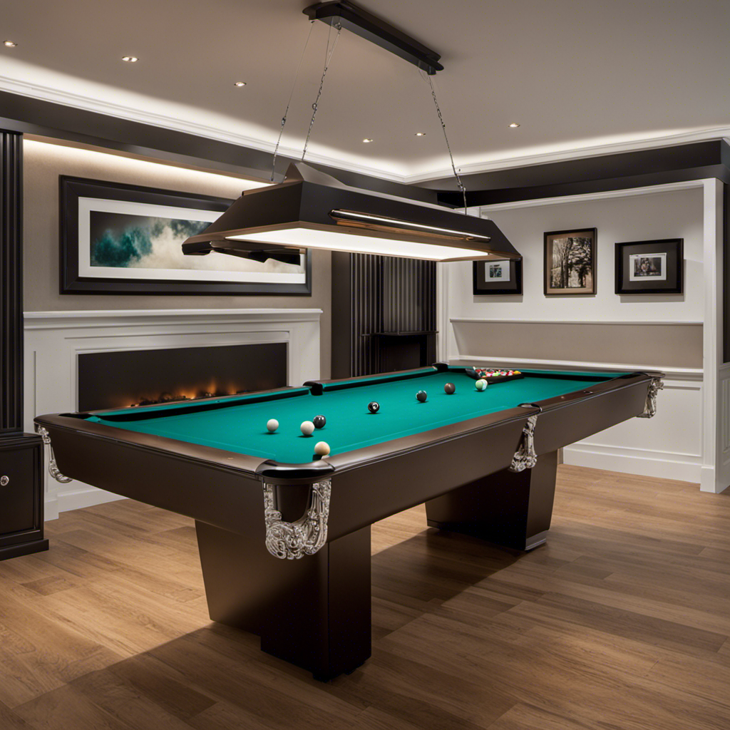 An image capturing a stylish wall-mounted display for a cue stick and set of billiard balls