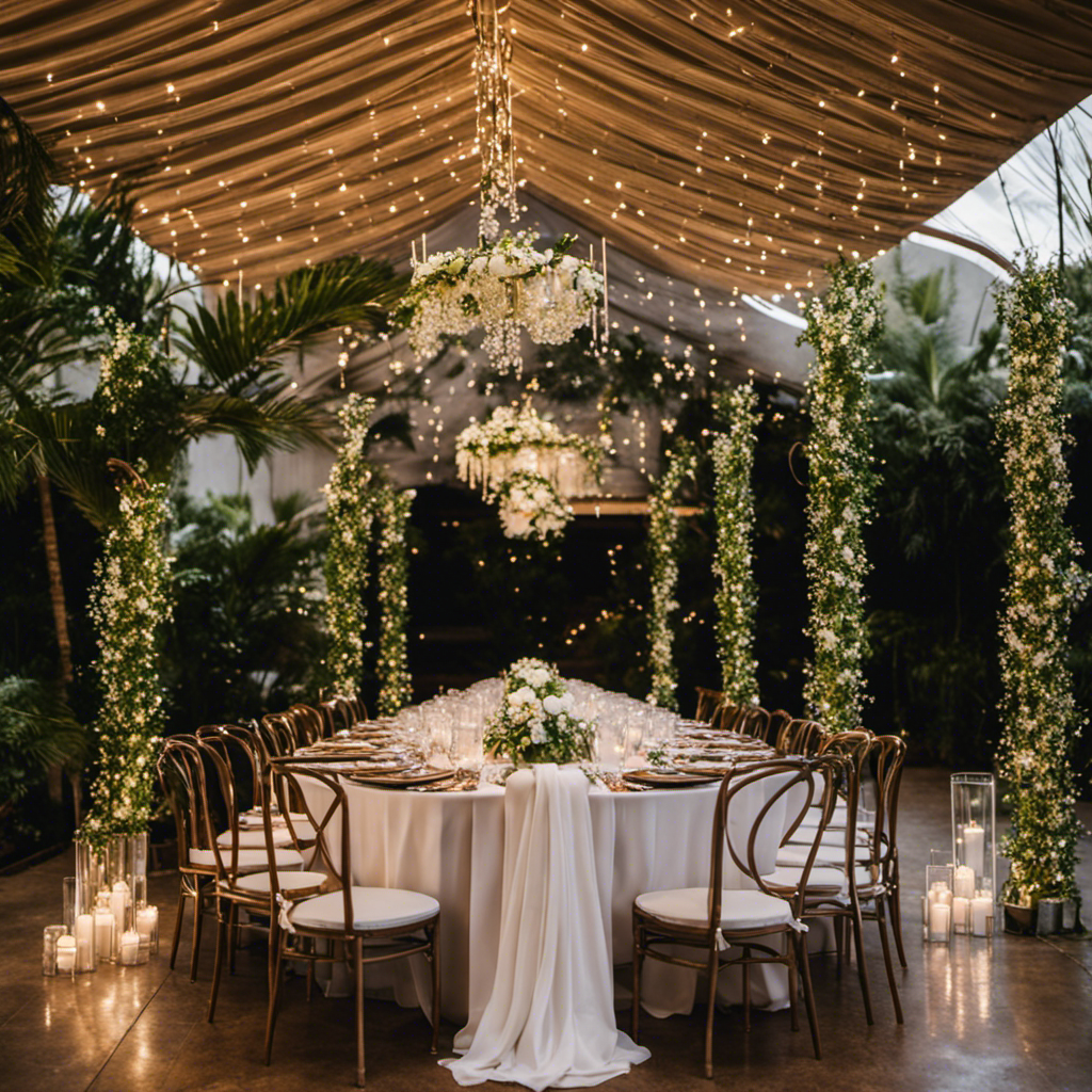 An image showcasing a minimalist wedding setup: a serene outdoor garden adorned with delicate fairy lights, elegantly draped white fabric, and tables adorned with fresh greenery centerpieces and sleek, modern tableware