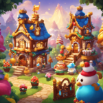 An image showcasing a vibrant, whimsical kingdom with Cookie Run characters adorning their homes with intricate, colorful decorations
