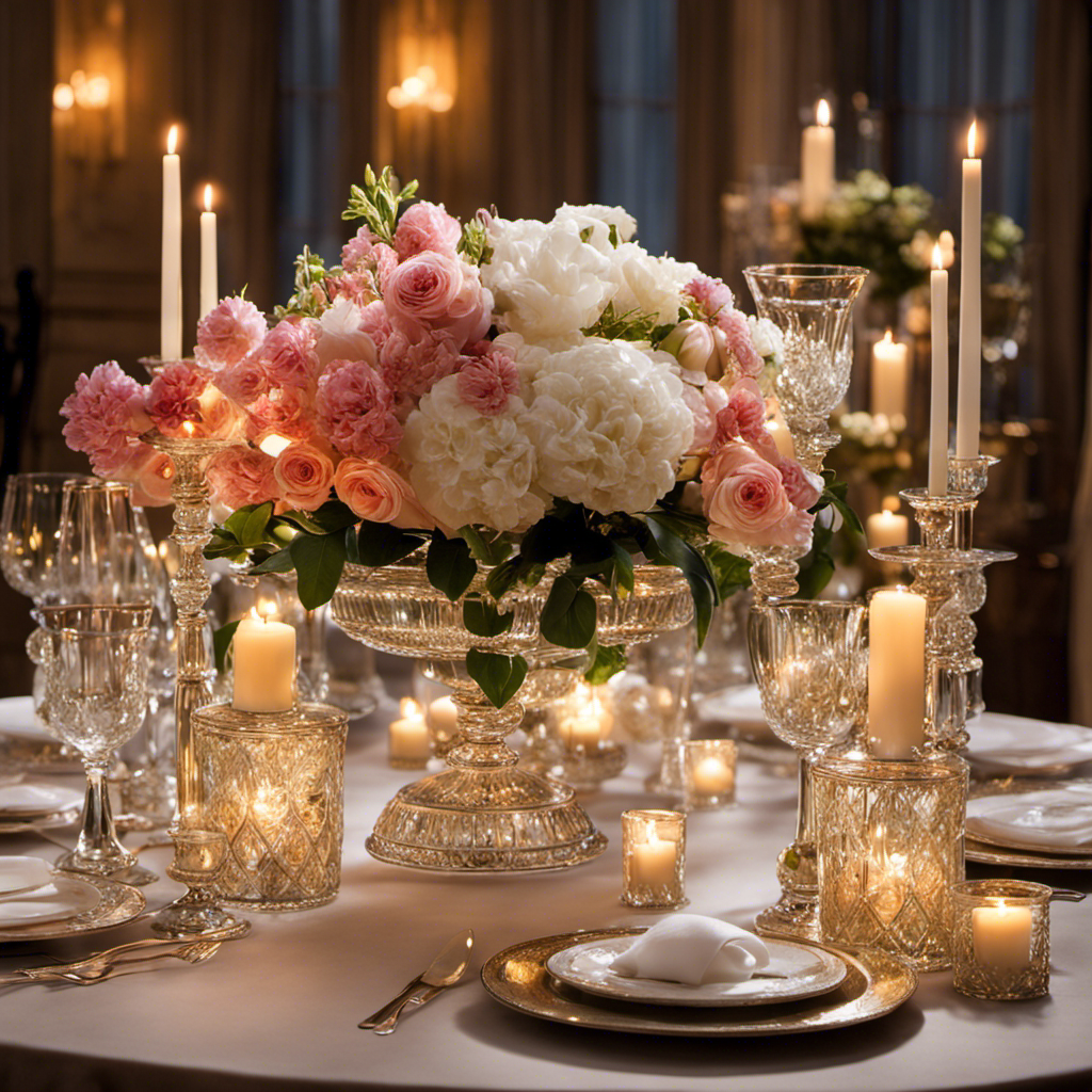 An image showcasing an elegantly arranged tabletop, adorned with vibrant flowers, crystal-clear glassware, and intricately designed porcelain