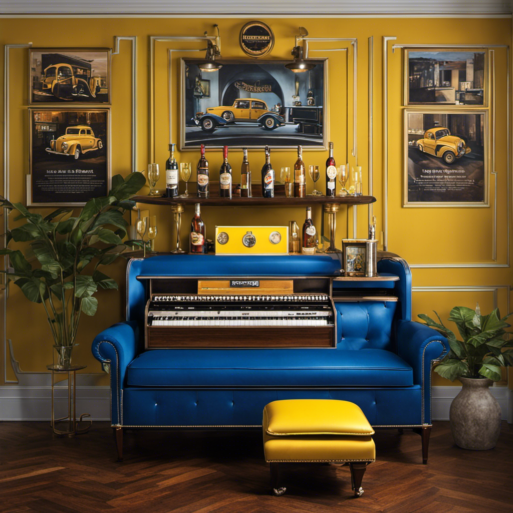 An image showcasing a living room adorned with a yellow leather couch, a vintage jukebox, iconic blue French horn artwork, and a MacLaren's Pub-inspired bar cart, all paying homage to How I Met Your Mother