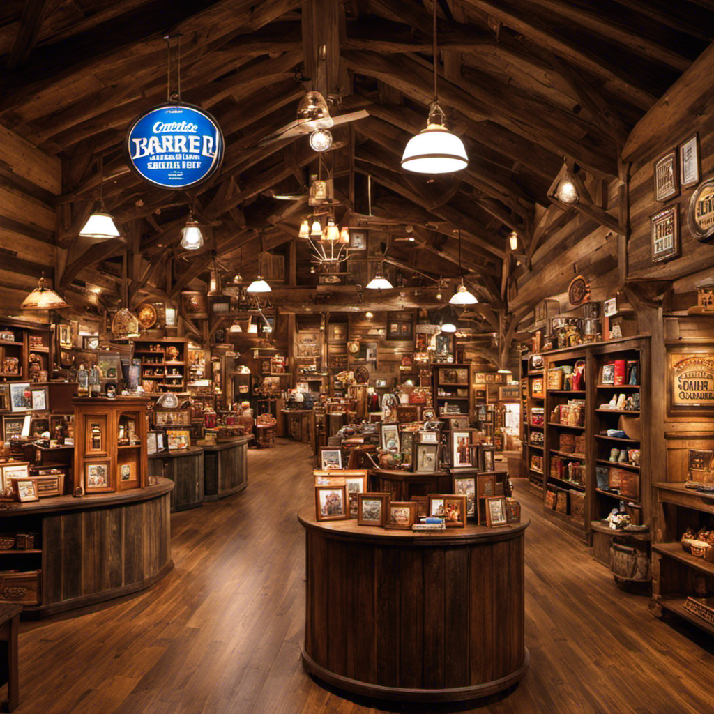 An image showcasing a vast, rustic Cracker Barrel store interior, brimming with an eclectic multitude of charming decor items – from vintage signage, rocking chairs, and antique knick-knacks to colorful quilts, old-fashioned lamps, and whimsical wall art