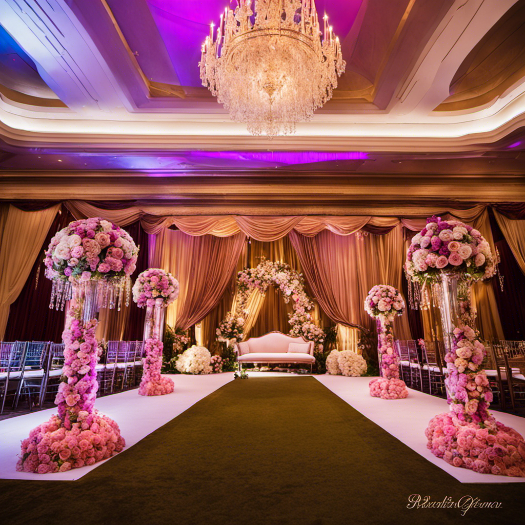 An image showcasing an opulent wedding setting with breathtaking floral arrangements, cascading drapes, and elegant chandeliers