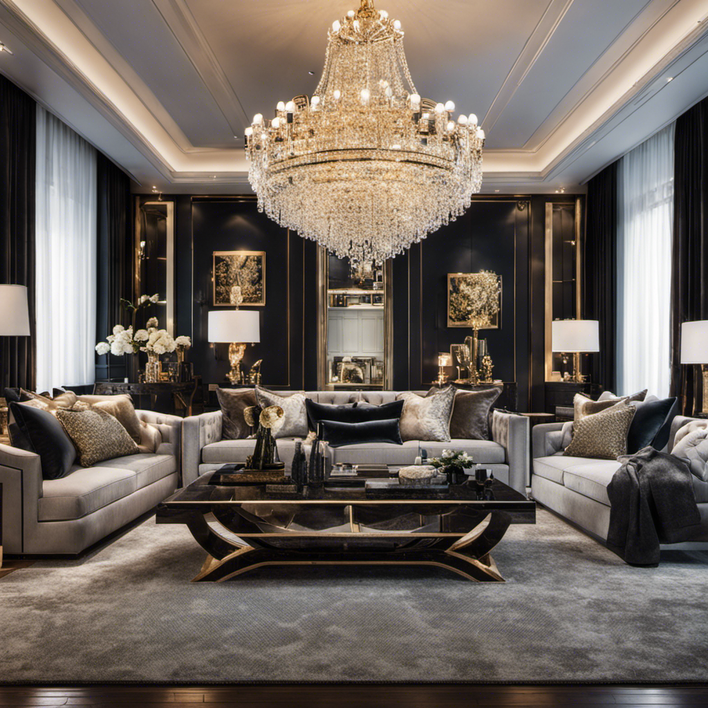 An image showcasing a lavish living room with a stunning chandelier, plush velvet sofas, and an array of decorative pillows