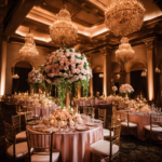 An image showcasing an opulent wedding reception venue adorned with exquisite floral arrangements of blush roses, cascading greenery, and shimmering chandeliers, evoking an atmosphere of luxury and elegance