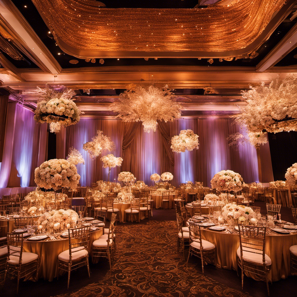 An image showcasing a lavish wedding reception venue adorned with opulent floral centerpieces, shimmering chandeliers casting an ethereal glow, and elegantly draped fabrics cascading from the ceiling, reflecting a dreamy and extravagant atmosphere