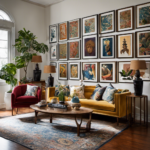 An image showcasing a living room wall adorned with an overwhelming abundance of diverse wall decor pieces, ranging from paintings and photographs to mirrors and tapestries, challenging the notion of how much wall decor is too much