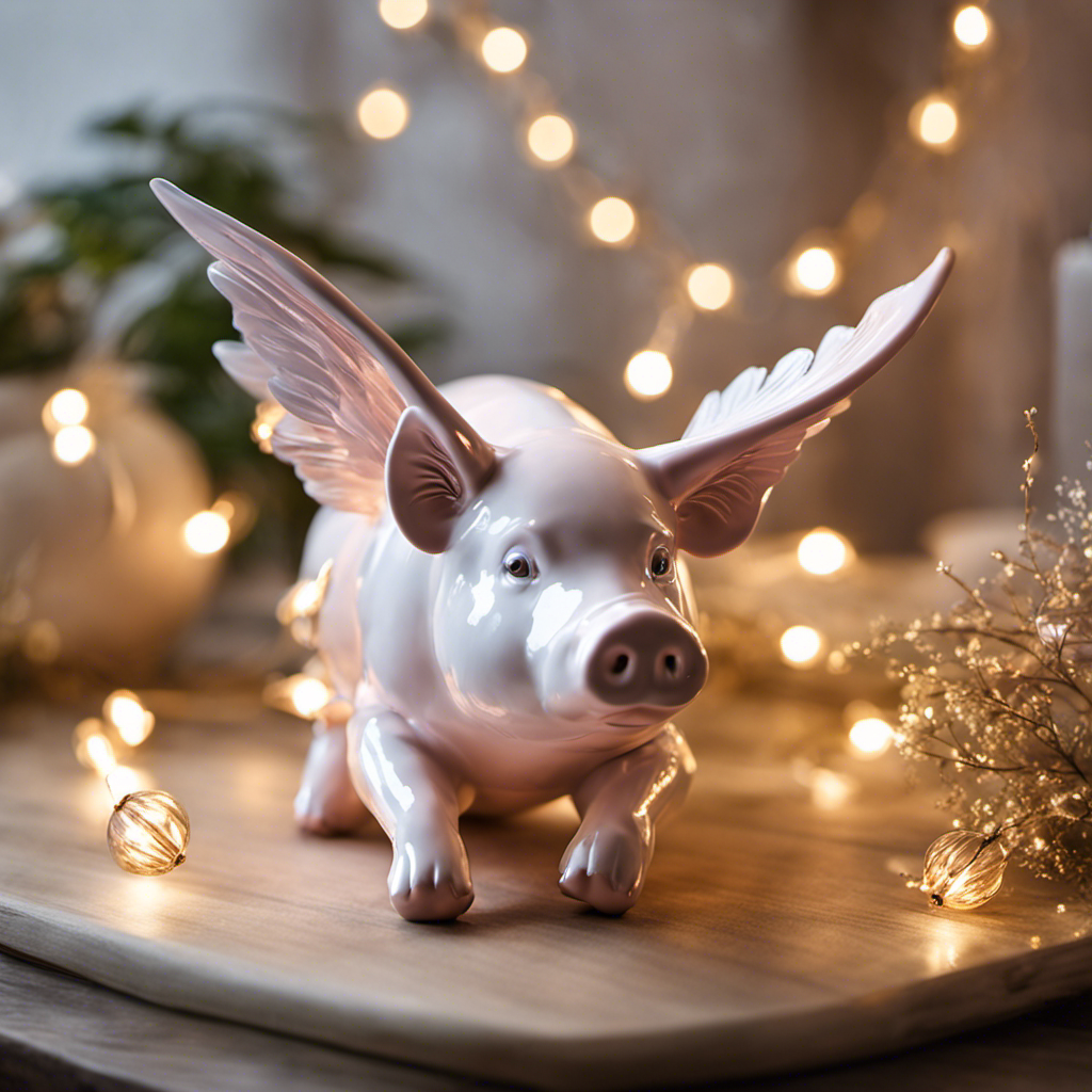 An image showcasing a whimsical home decor arrangement: a porcelain flying pig sculpture with delicate, shimmering wings, gracefully suspended from the ceiling with invisible strings, surrounded by ethereal fairy lights and dreamy pastel-colored cushions