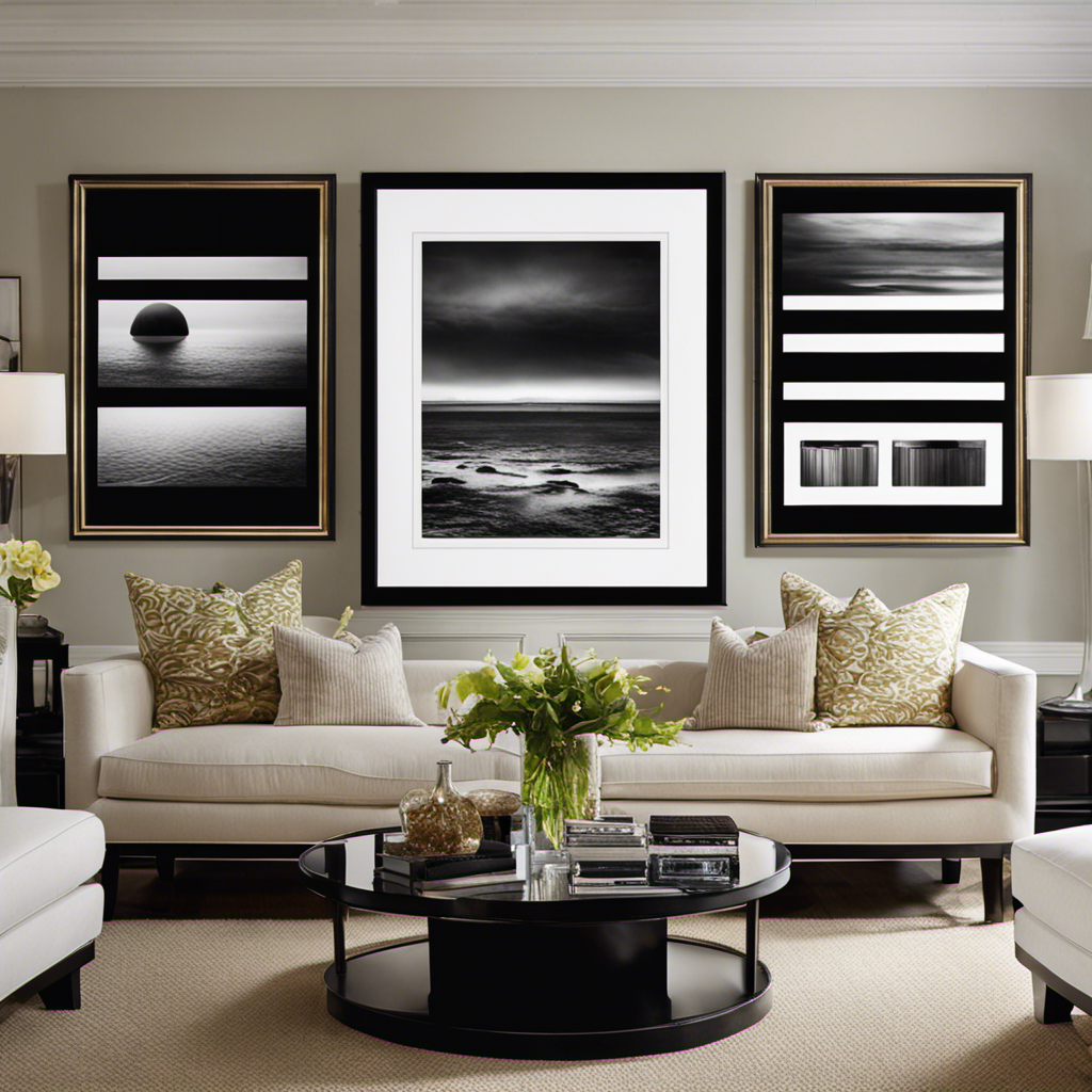 An image showcasing a well-balanced wall arrangement by combining a large statement artwork as the focal point, flanked by two smaller framed photographs or paintings on either side, all symmetrically aligned