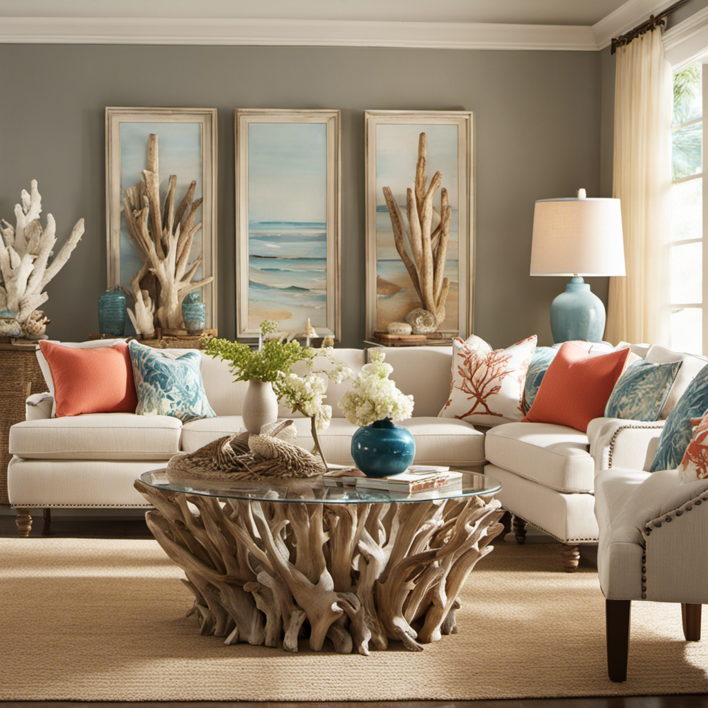 An image of a serene beachside living room, adorned with a driftwood coffee table, seashell-filled glass jars, and a coral-inspired wall art