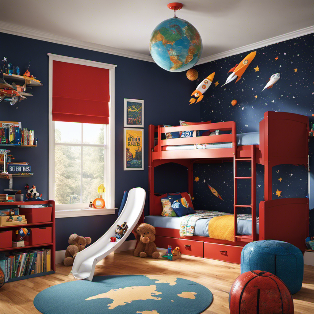 An image showcasing a vibrant boys' room decor, featuring a playful rocket ship-themed wallpaper on one wall, a cozy loft bed with a slide, a bookshelf filled with adventure novels, colorful toy bins, and a globe for exploration