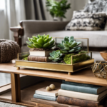 A captivating image showcasing a coffee table adorned with a lush green succulent plant nestled in a geometric terrarium, surrounded by a stack of beautifully weathered vintage books, a brass candle holder, and a cozy knitted throw