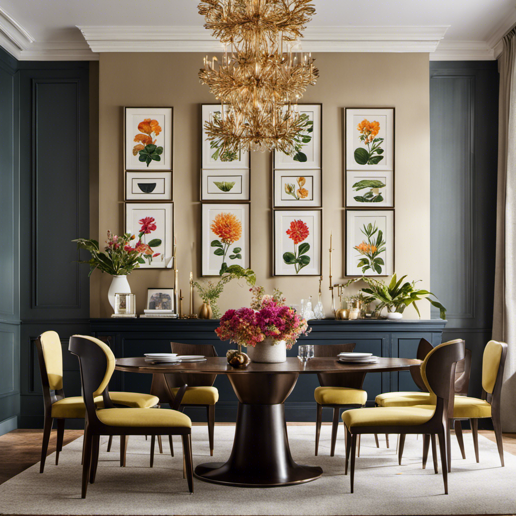 An image showcasing a symmetrical arrangement of vibrant botanical prints in gold frames, adorning a dining room wall