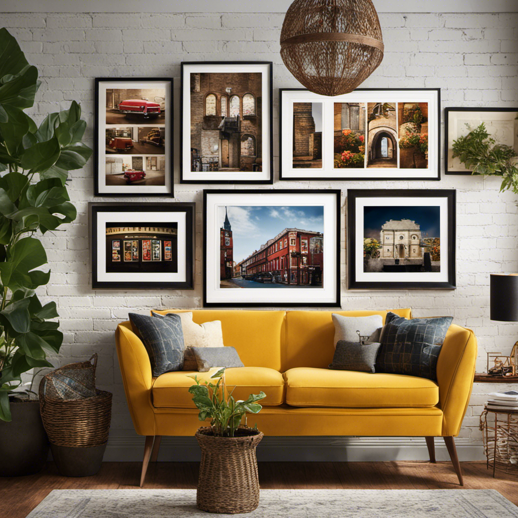 An image showcasing a warm living room adorned with a gallery wall of cherished family photographs and unique frames, beautifully arranged on a painted brick wall, radiating love and memories