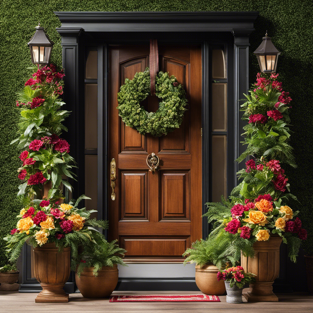 An image showcasing a wooden front door adorned with a vibrant wreath, surrounded by potted plants, a welcome mat, and a stylish door knocker, demonstrating step-by-step instructions on building front door decor