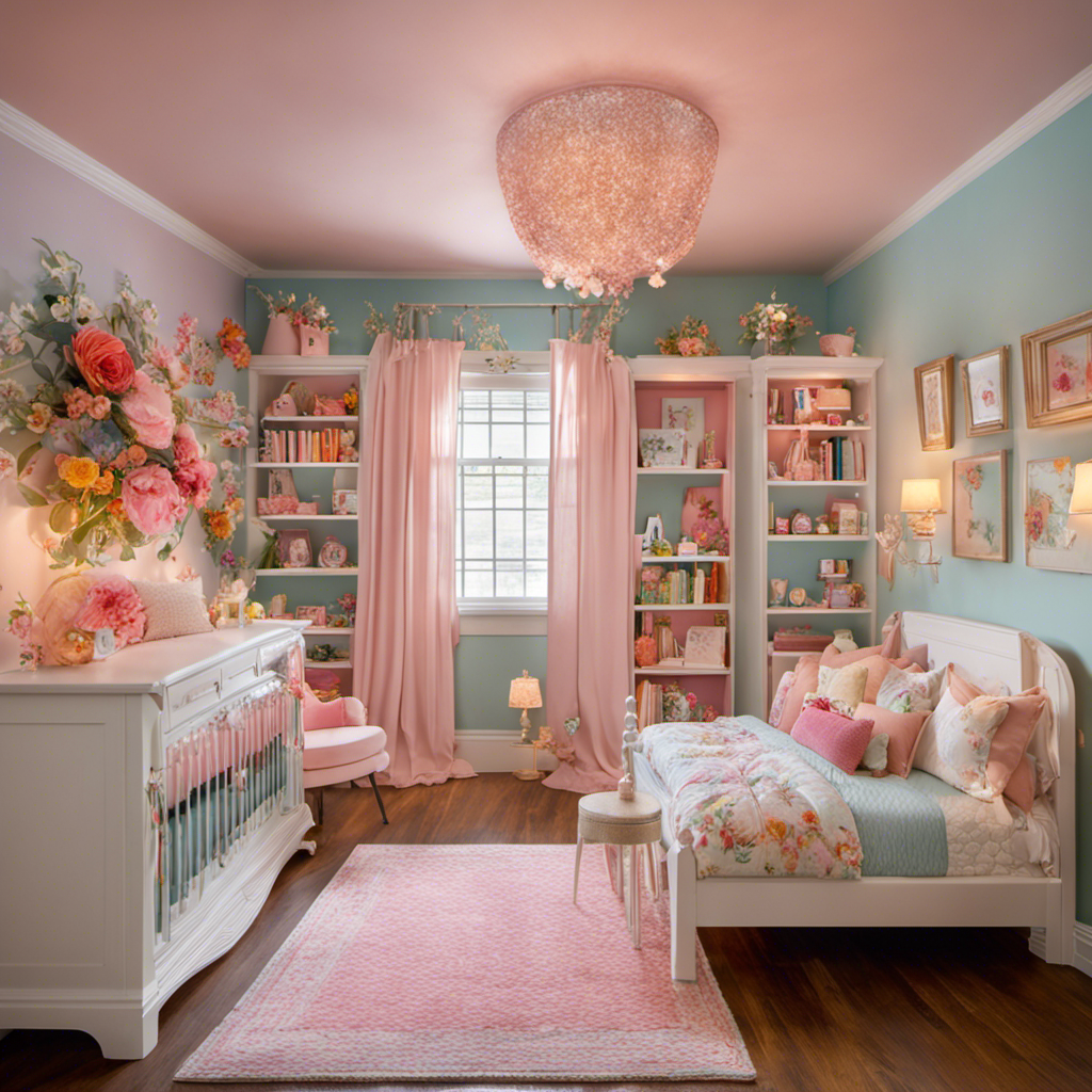 An image showcasing a vibrant and whimsical girls' room decor, adorned with pastel-painted walls featuring delicate floral murals, a cozy canopy bed with fairy lights, a bookshelf filled with colorful storybooks, and a charming vanity table adorned with sparkling accessories