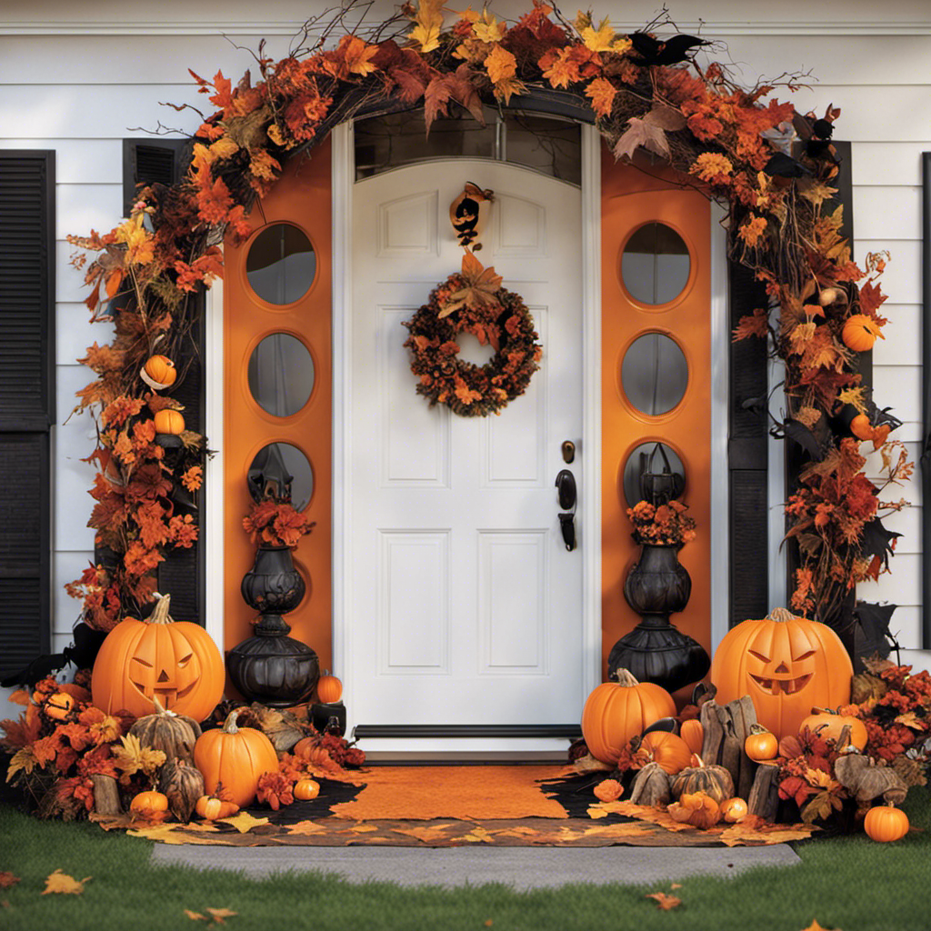An image showcasing a step-by-step guide to building Halloween door decor, featuring a pair of hands intricately carving a spooky jack-o'-lantern, surrounded by vibrant autumn leaves, spiderwebs, and eerie ghost decorations