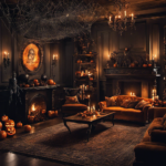 An image showcasing an eerie, dimly lit living room adorned with spiderwebs cascading from the ceiling, jack-o'-lanterns flickering on the mantel, a ghostly figure lurking in a corner, and a table dressed with a creepy centerpiece of skulls and candles