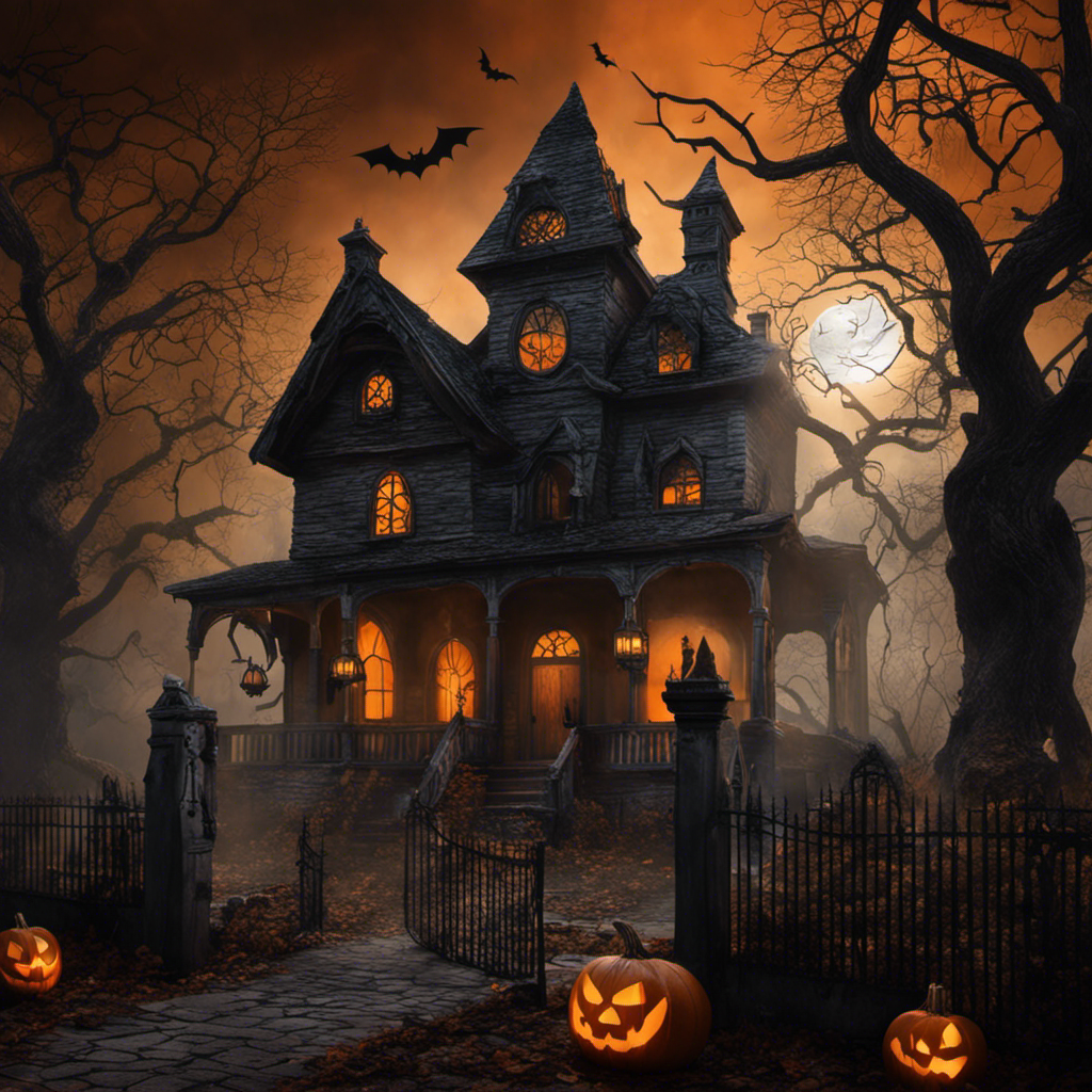 An image showcasing a spooky haunted house with cobweb-covered windows, a creaky old front door adorned with a wickedly grinning jack-o'-lantern, a gnarled tree with hanging ghosts, and a foggy graveyard with eerie tombstones