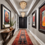 An image showcasing a beautifully decorated hallway with a vibrant runner rug leading to a gallery wall adorned with an eclectic mix of framed artwork, illuminated by a sleek pendant light fixture