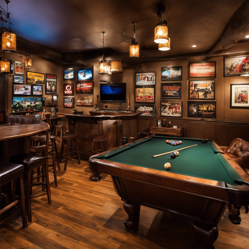 An image showcasing a well-lit, spacious man cave adorned with vintage movie posters, a rustic wooden bar with leather stools, a pool table, and a cozy seating area with plush leather couches and a large flat-screen TV
