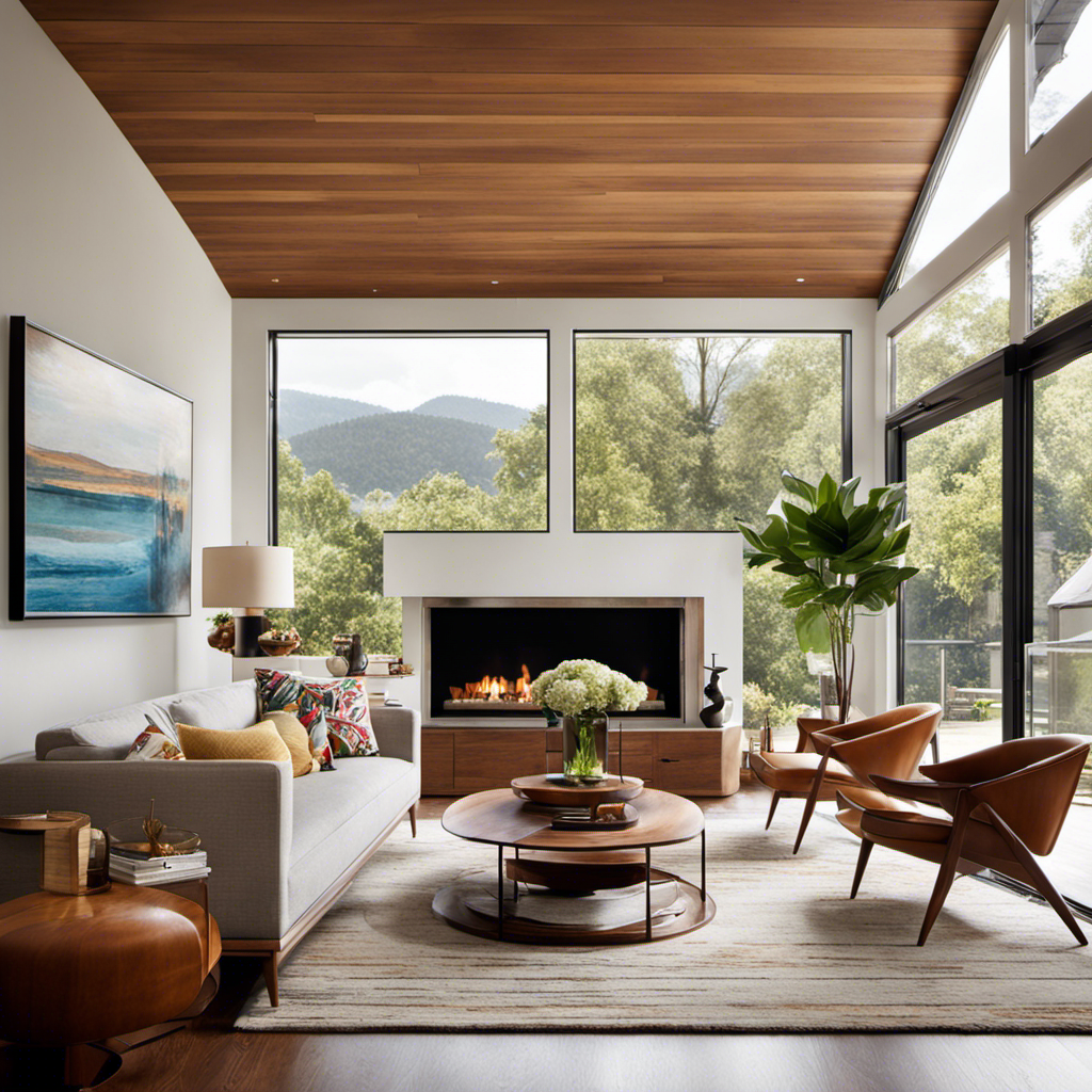 An image showcasing a sunlit living room with sleek, low-profile furniture, tapered legs, clean lines, and warm wood tones
