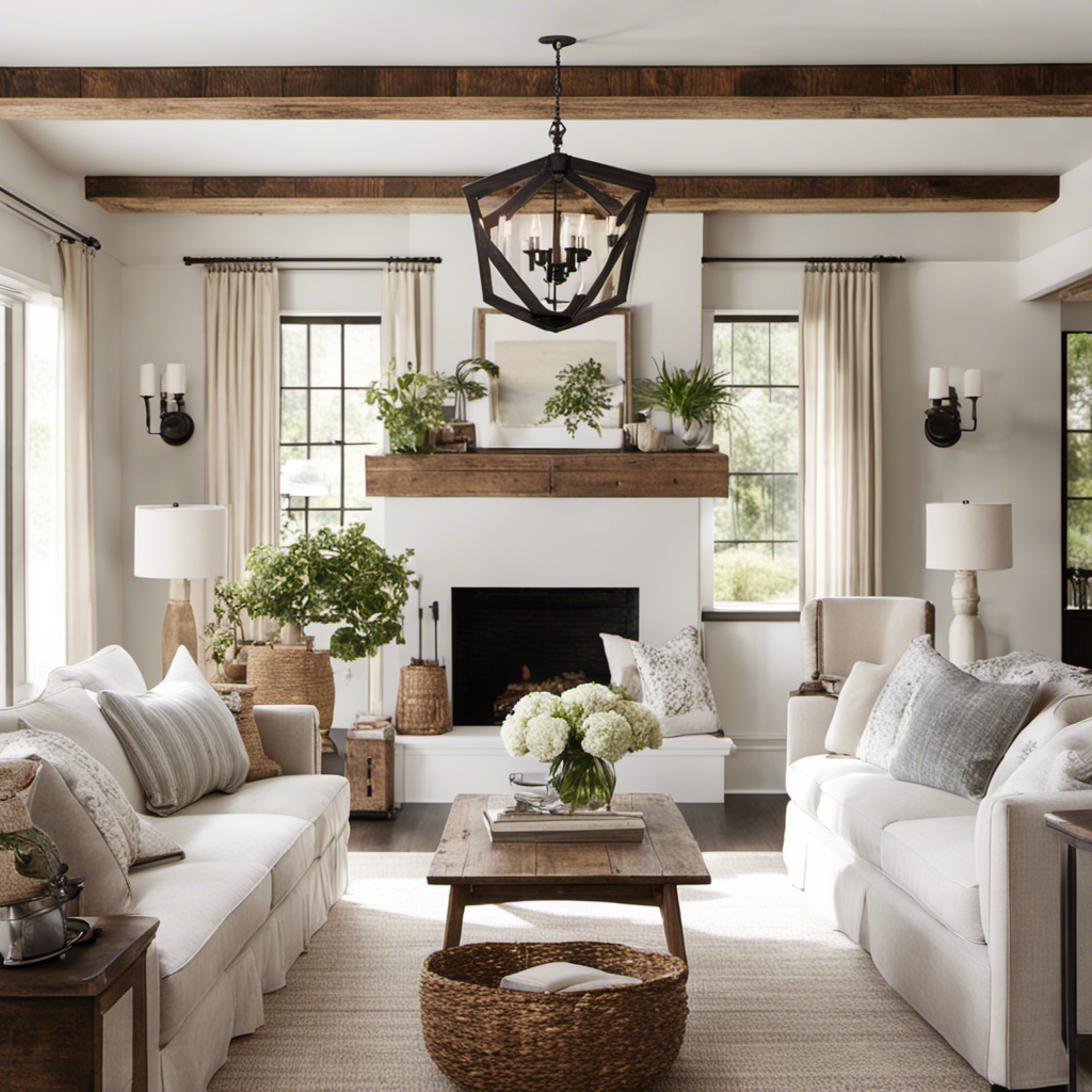 An image showcasing a bright, airy living room with rustic wooden beams, shiplap walls, and a cozy fireplace