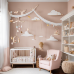 An image showcasing a serene nursery with pastel walls adorned with whimsical animal decals, a cozy rocking chair draped in a soft blanket, and a handmade mobile crafted from delicate wooden cutouts