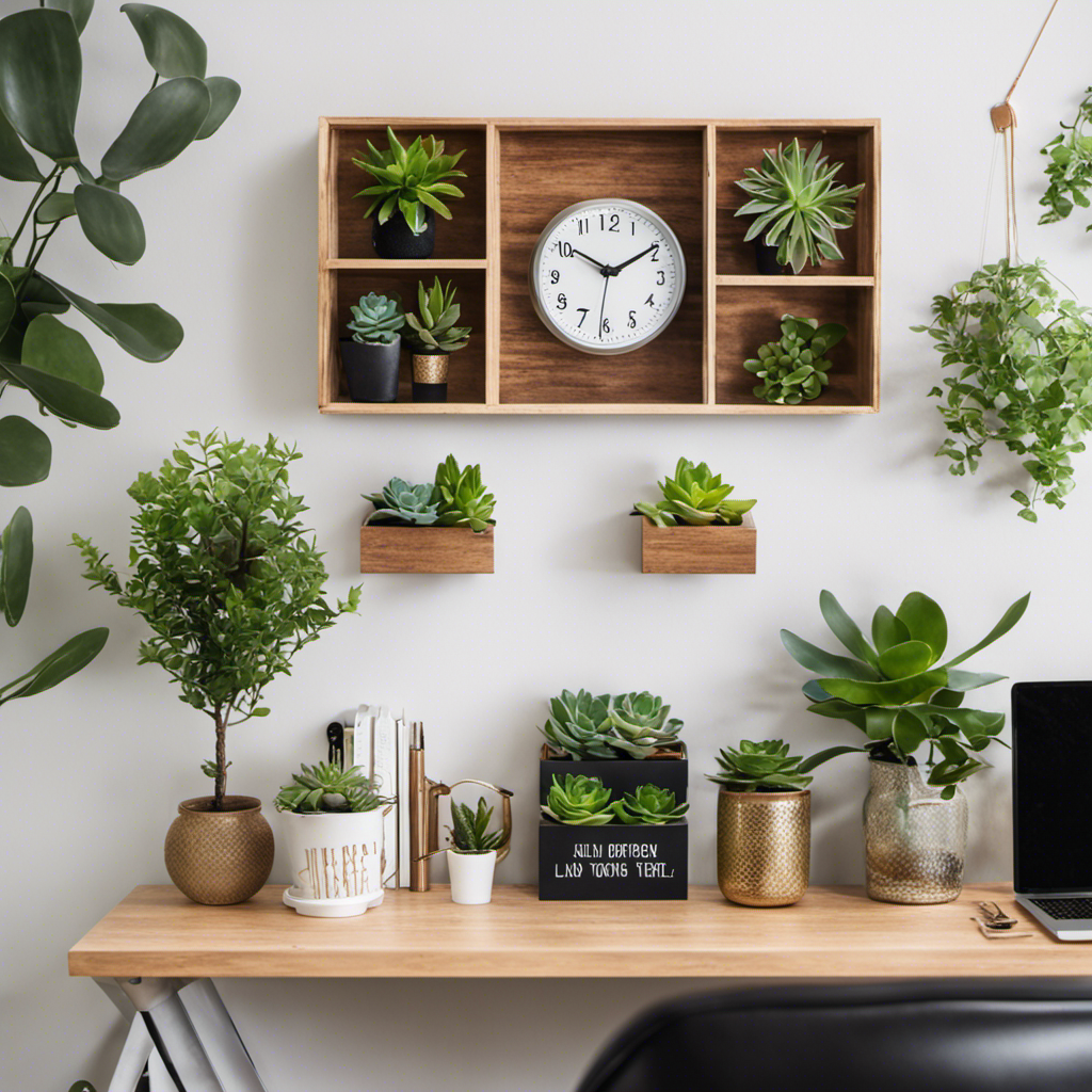 An image showcasing a DIY office wall decor project: a sleek wooden shelf adorned with potted succulents, a framed motivational quote, and a minimalist clock, adding a touch of elegance and productivity to your workspace