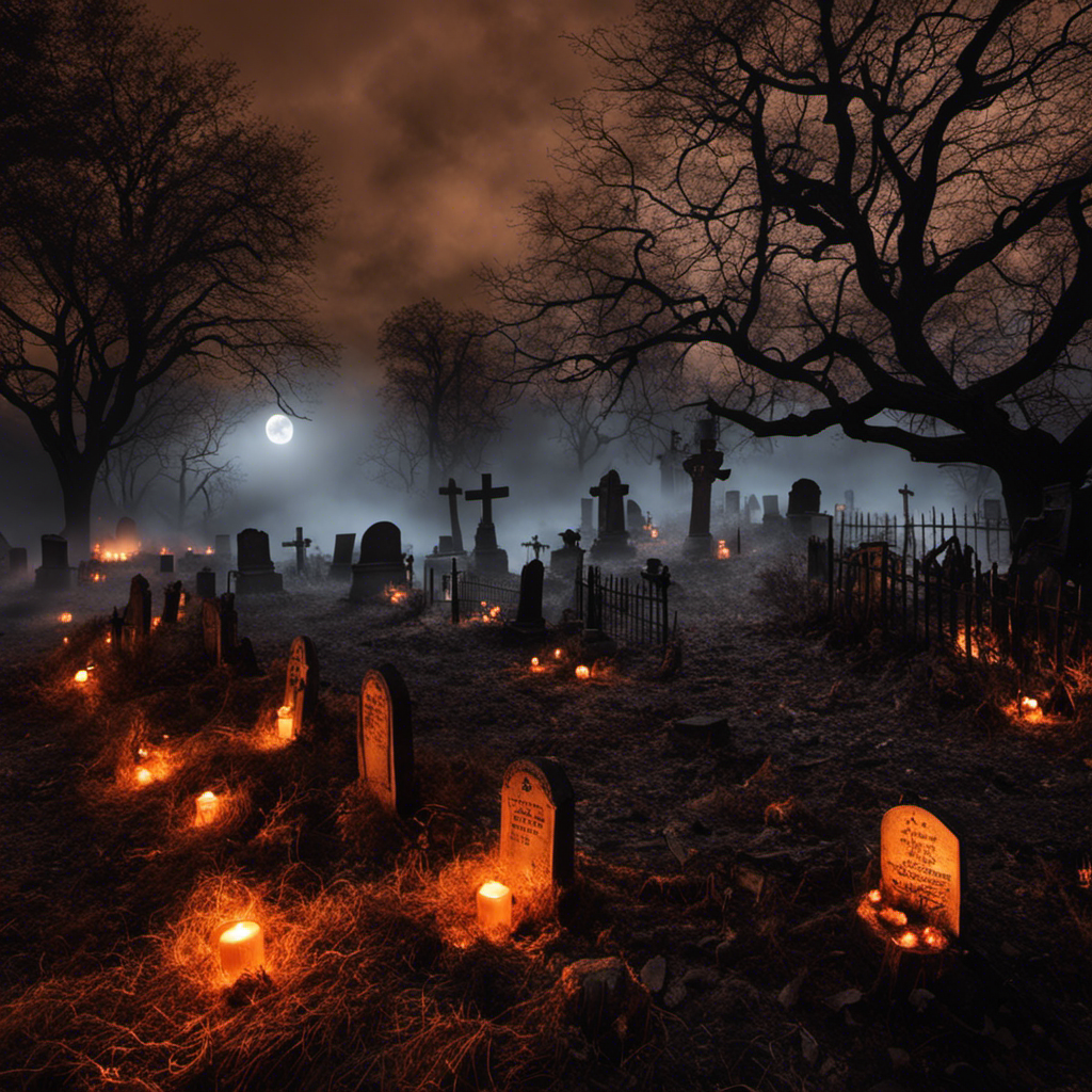 An image showcasing a dark, moonlit backyard transformed into a spooky graveyard